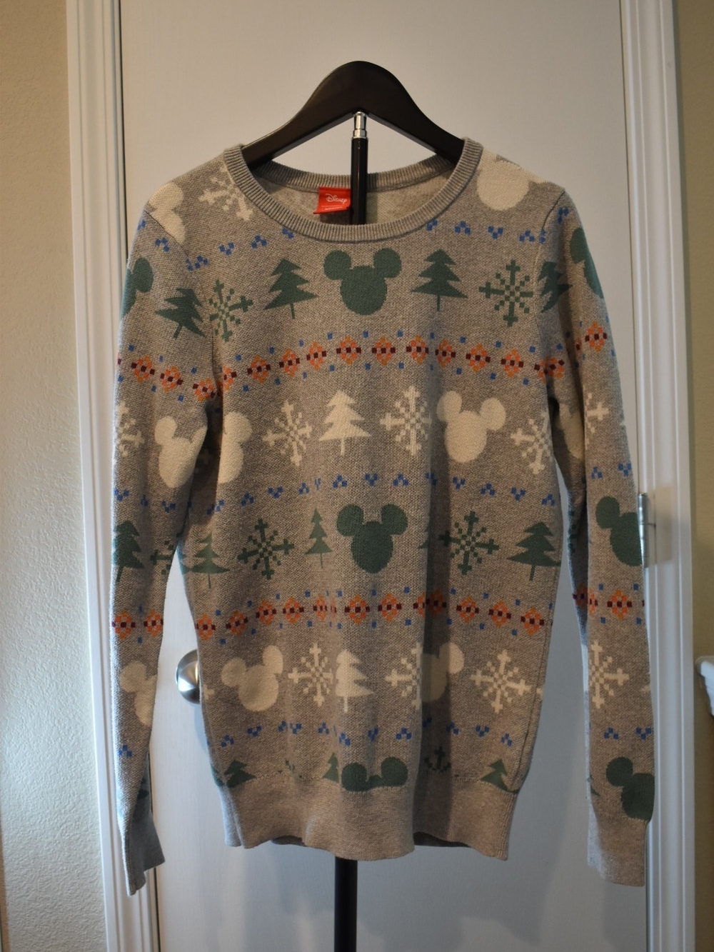 Disney Women's Gray Crewneck Sweater with Mickey Holiday Motif